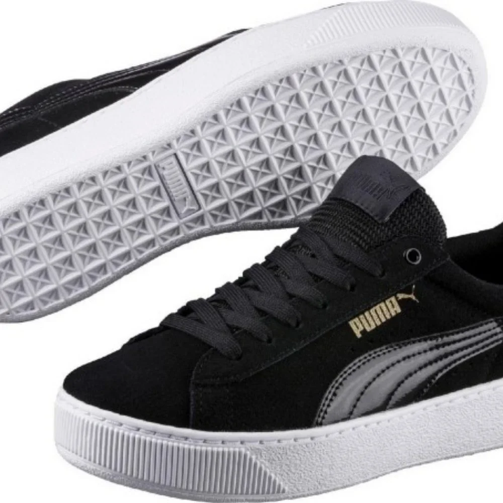 Puma Black Suede Vikky White Platform Low Top Sporty Comfort Leather Sneakers 8 - Picture 12 of 13
